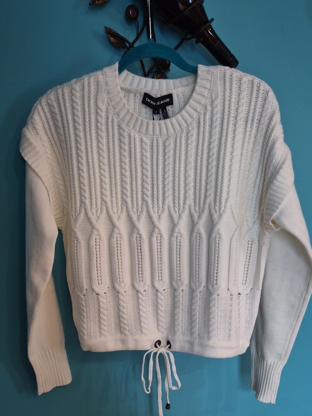 NWT DKNY Cream Cable Knit Crewneck Sweater with Drawstring PTP 23, L 22